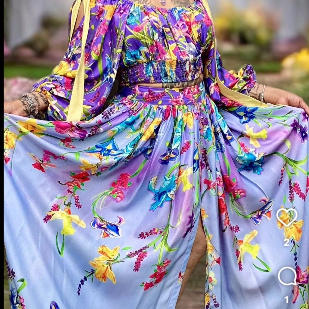 Elegant Floral Maxi Skirt and Top in Purple and Yellow